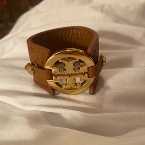 Tory Burch Brown Leather Logo Cuff